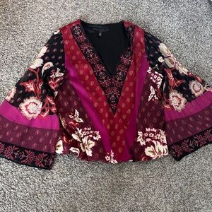 V-Neck Floral Bell Sleeve Blouse in Burgundy and Magenta